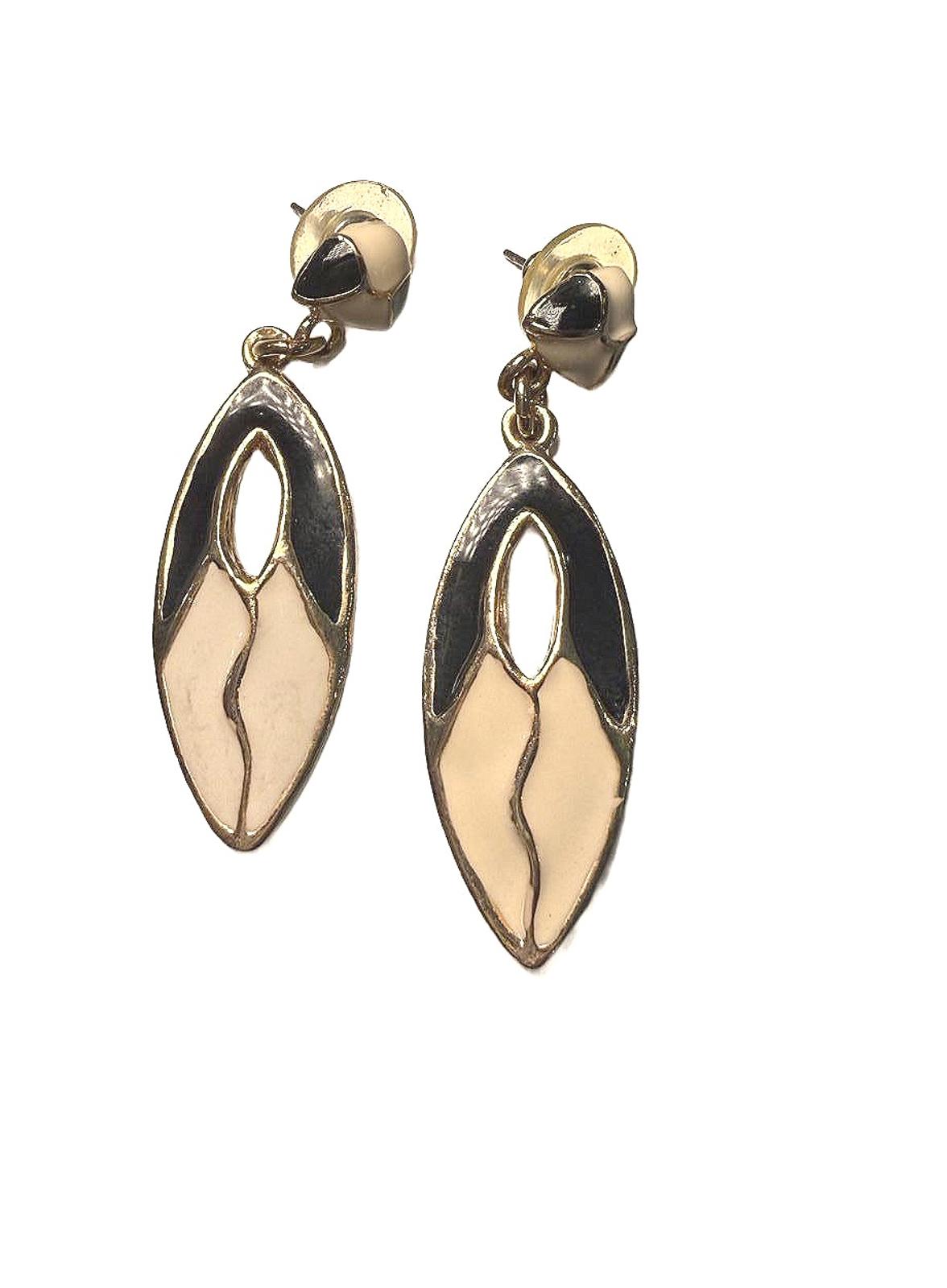 Vintage Gold Tone Black and White Enamel Dangle Earrings