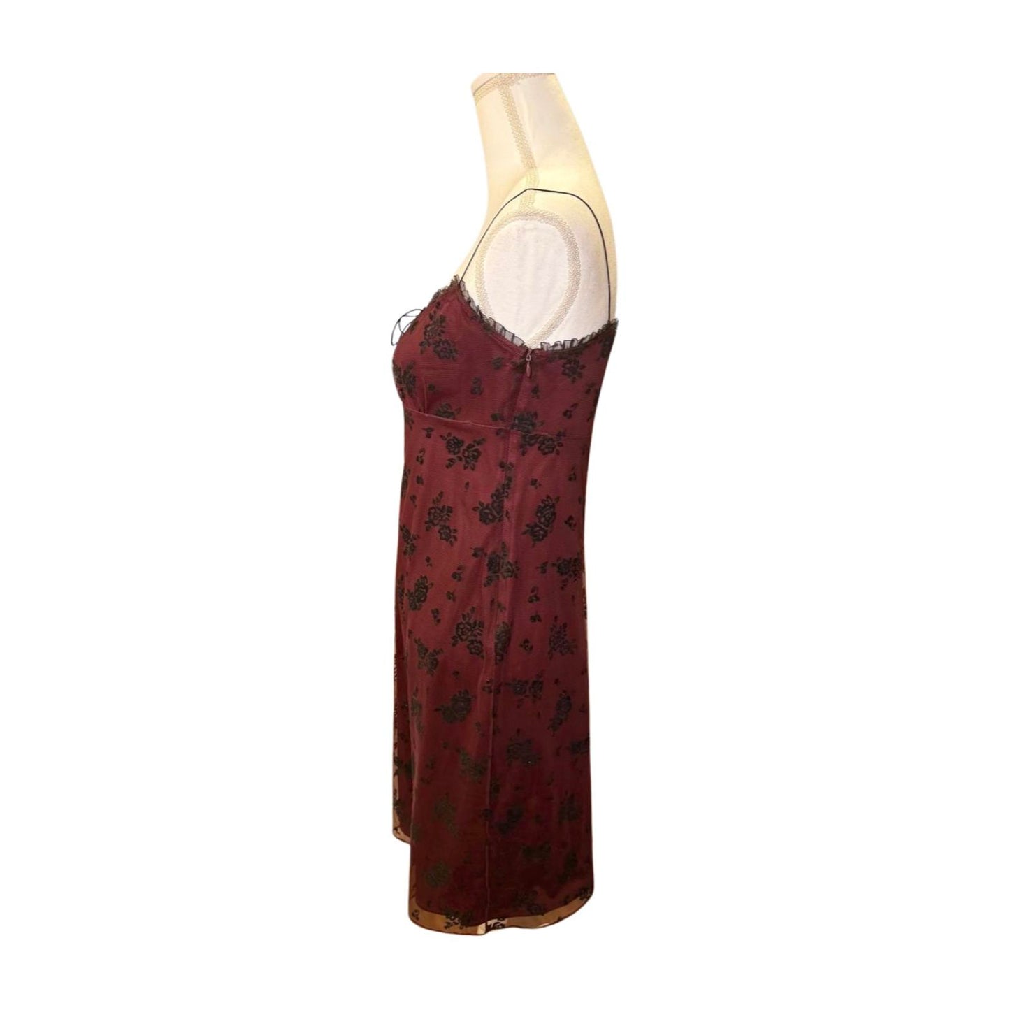 Y2k Burgundy Floral Mini Slip Dress with Spaghetti Straps, Small