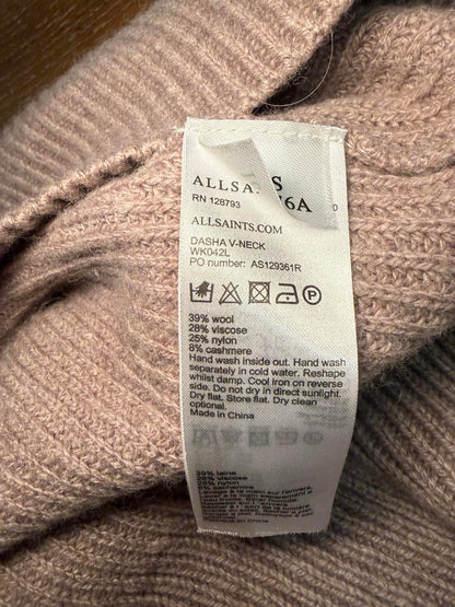 All Saints Dasha Sweater Beige Cold-Shoulder Ribbed Knit Sweater, XS (oversized)