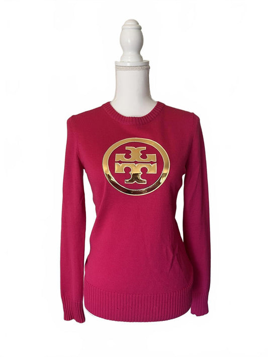 Tory Burch Women's Pink Sweater with Gold Logo, Small