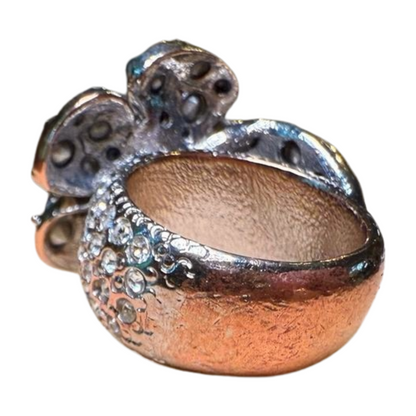 Chanel Camellia Flower Ring, Silver-Tone with Rhinestones, Size 6.75