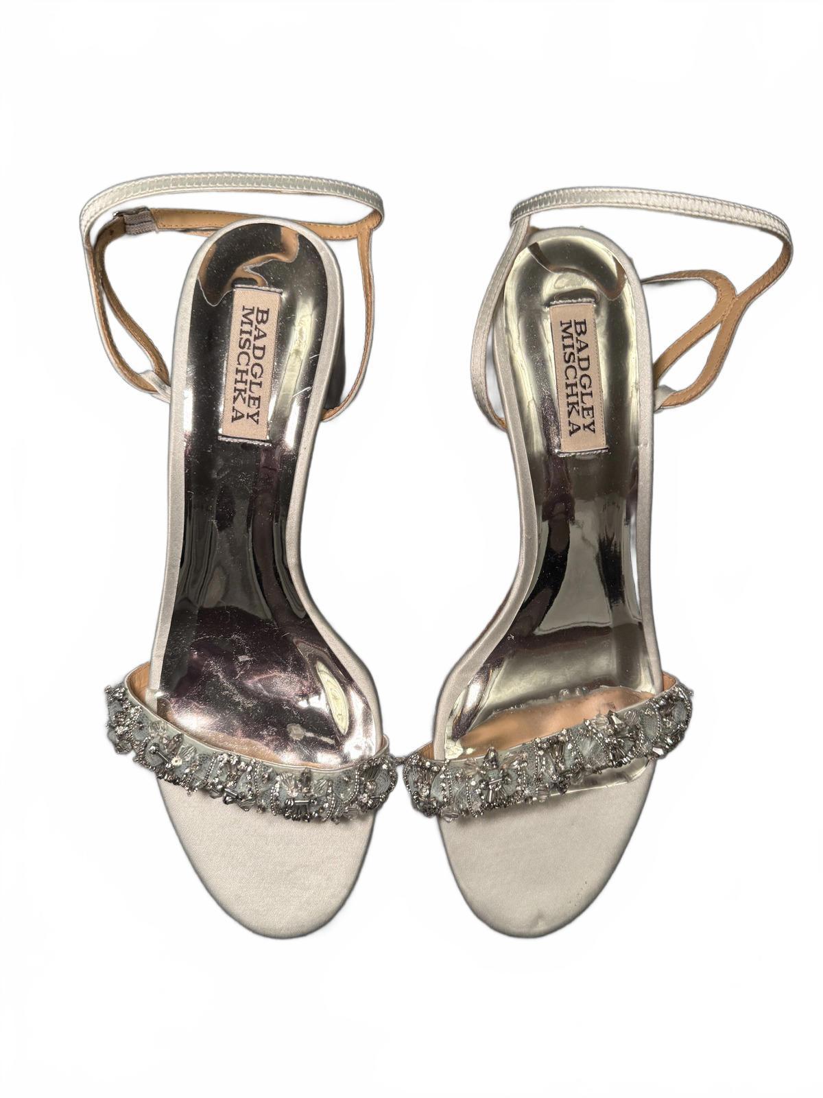 Badgley Mischka Light Blue Embellished Block Heel Sandals, size 8.5
