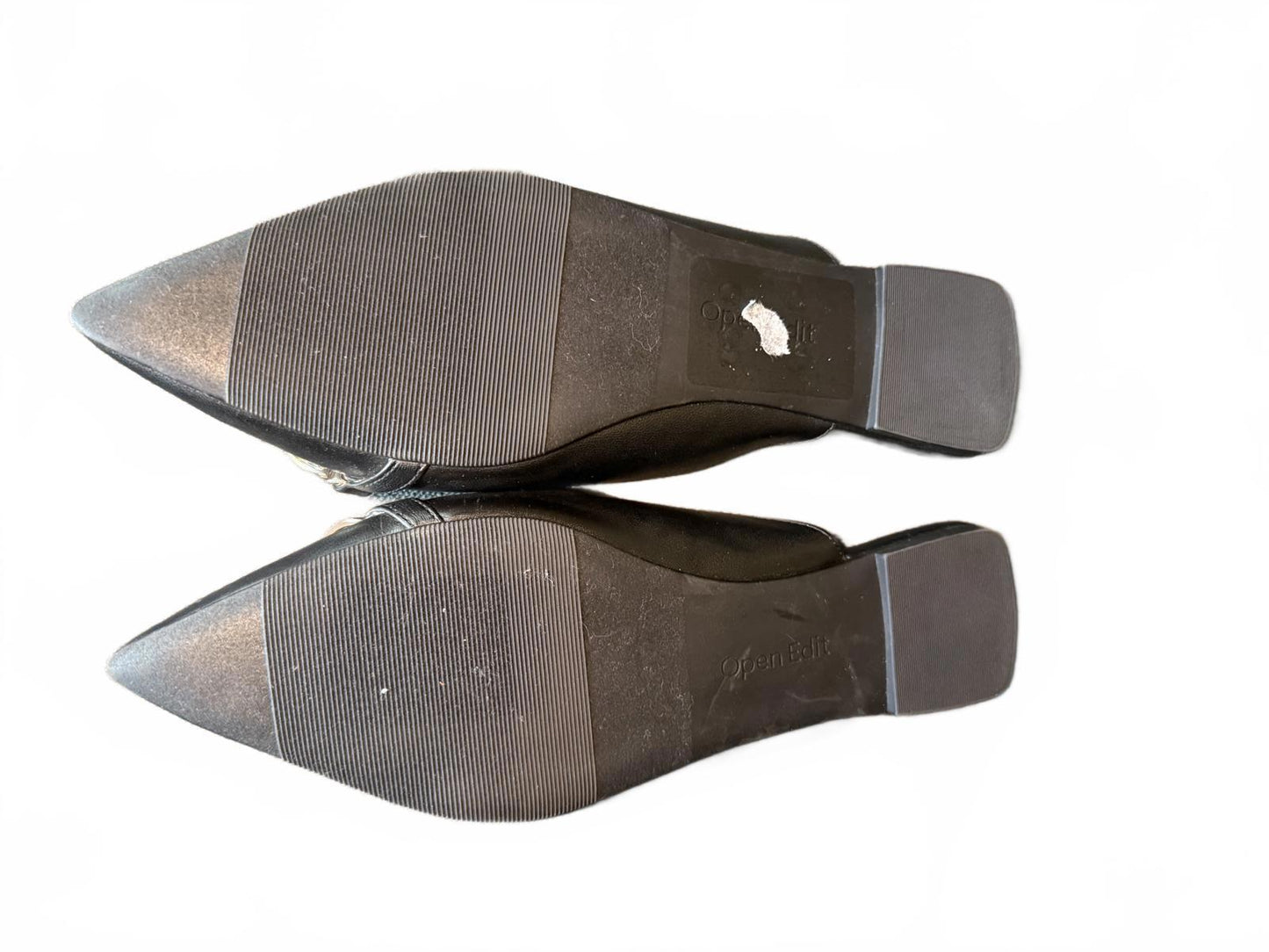 New Open Edit Black Pointed Toe Women's Mules with Chain Accent