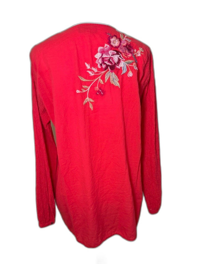 Johnny Was Sonya Floral Embroidered Popover Blouse, Size Large