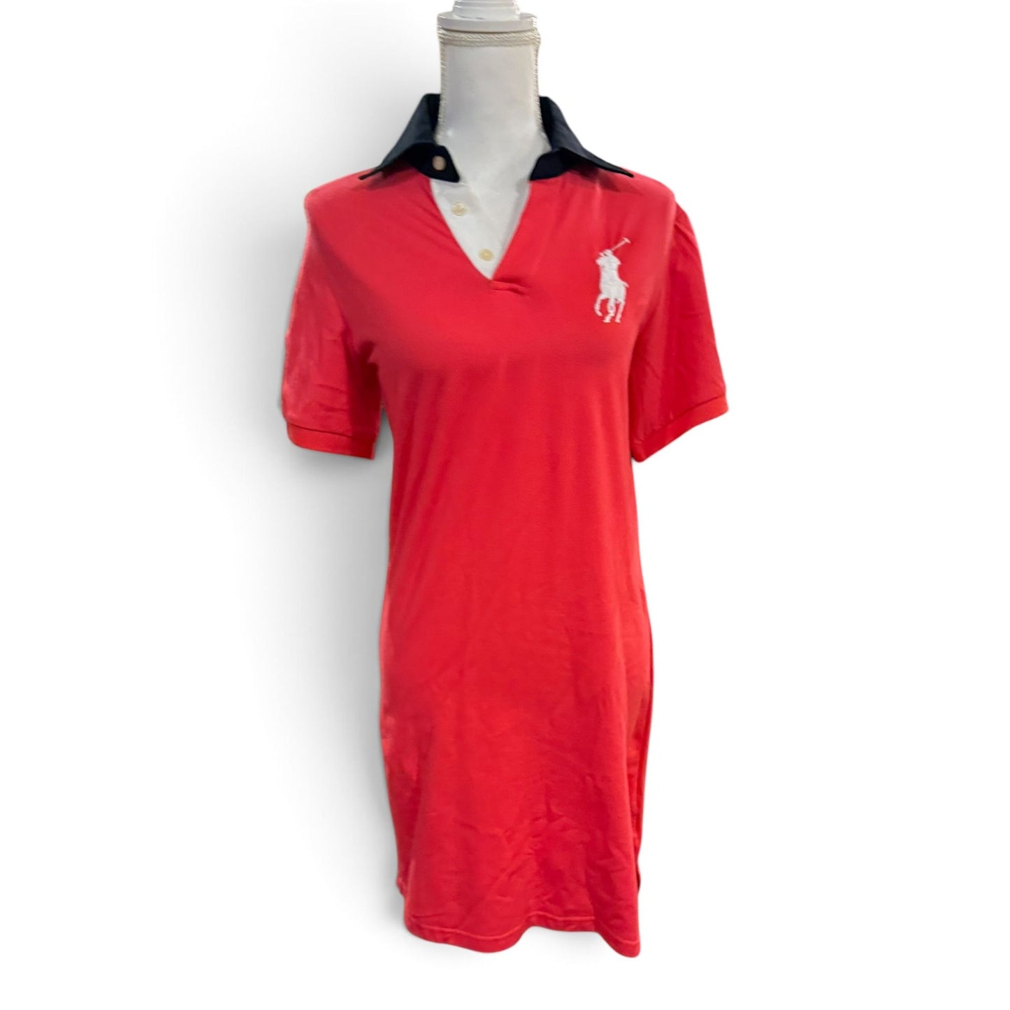 Ralph Lauren Polo Dress Red Navy Collar XL Logo Embroidered Short Sleeve Cotton