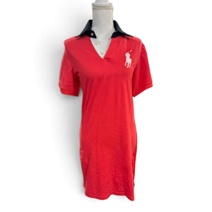 Ralph Lauren Polo Dress Red Navy Collar XL Logo Embroidered Short Sleeve Cotton