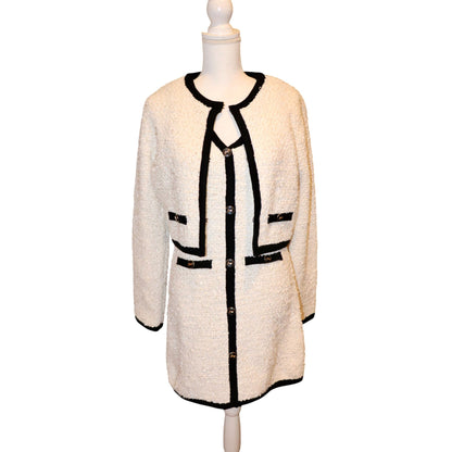 Mable Womens White & Black Trim Bouclé Jacket and Dress, Large NWT (fits Medium)