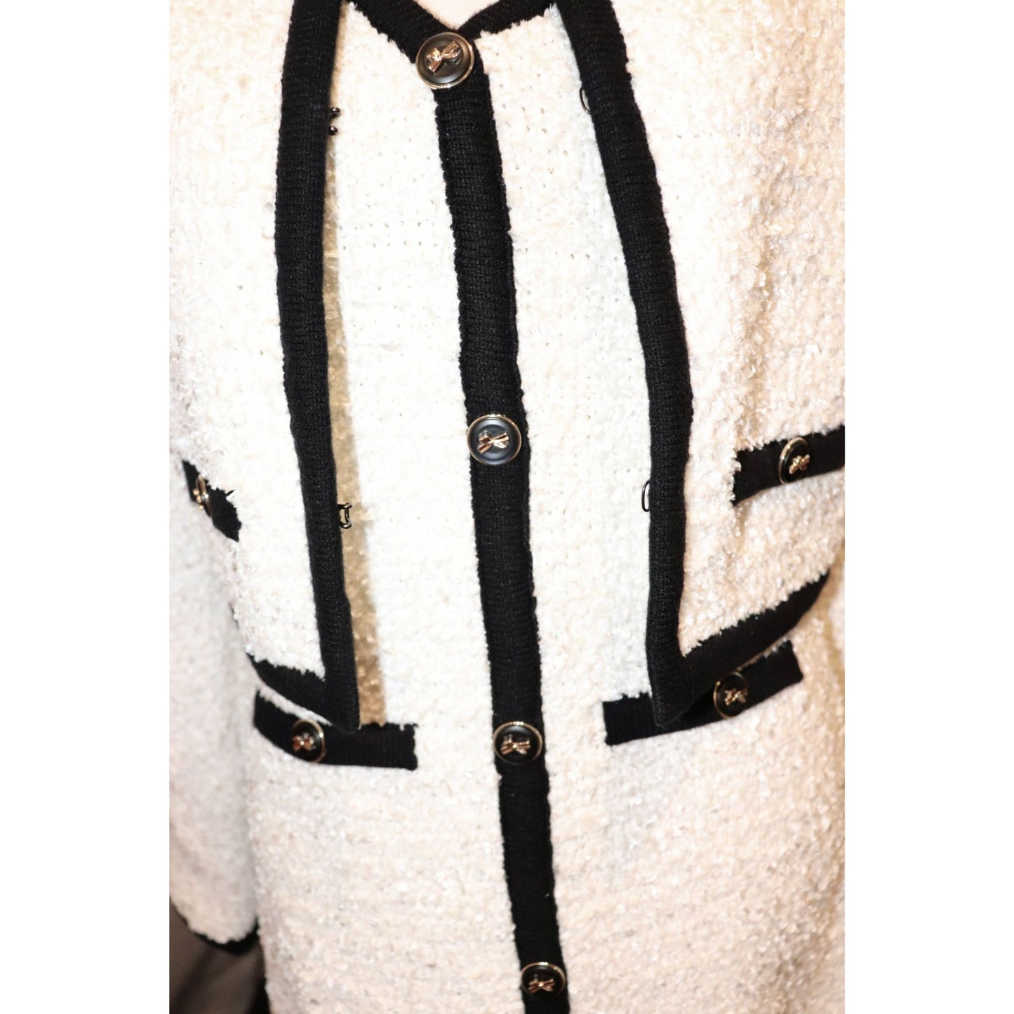 Mable Womens White & Black Trim Bouclé Jacket and Dress, Large NWT (fits Medium)
