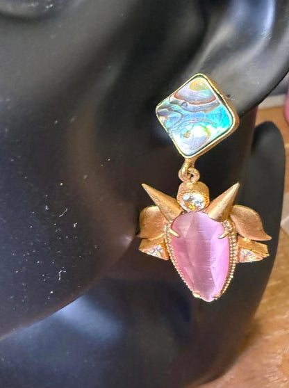 New Nazila Couture Pink Gemstone and Abalone Earrings with Gold Spikes