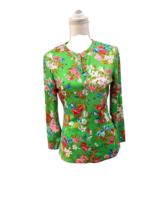 Vintage Joseph Magnin Green Floral Long Sleeve Women's Blouse, size 10