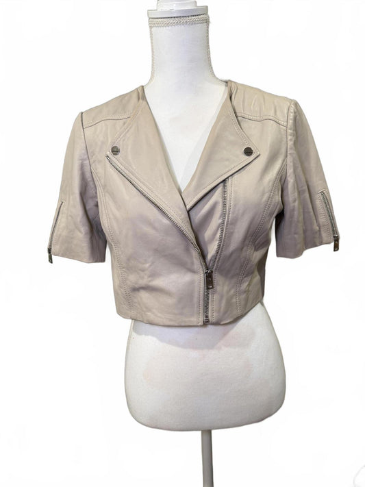 Lamarque Beige Cropped Leather Jacket with Short Sleeves, Small