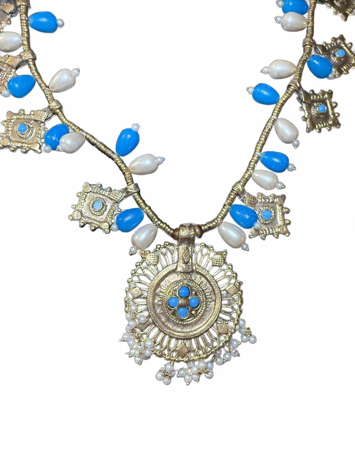 Afghan Brass Necklace with Blue and White Beads