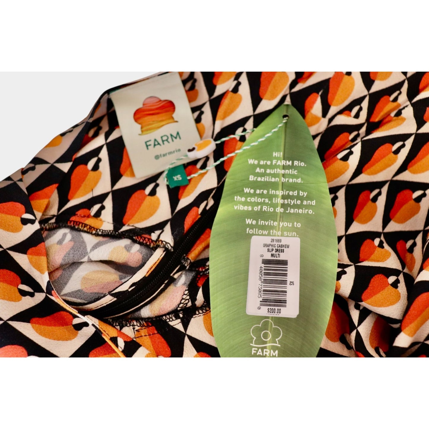 Farm Rio Graphic Cashew Print Slip Dress, XS NWT