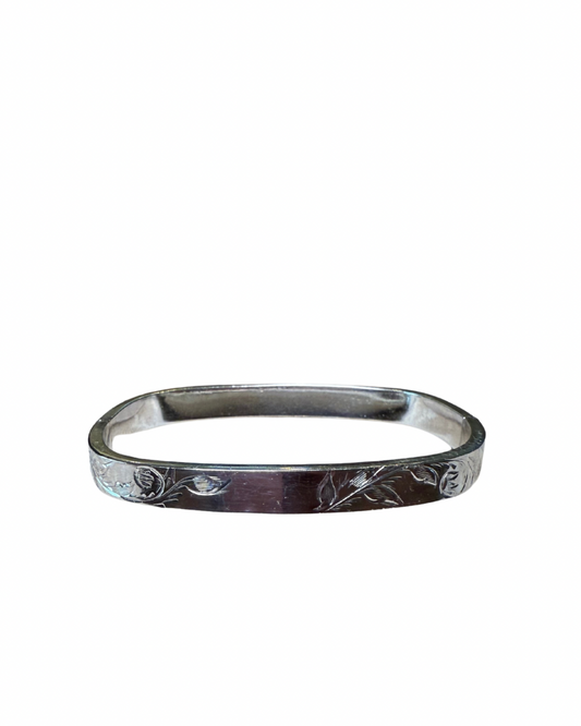Vintage Sterling Silver Etched Hinged Square Bangle