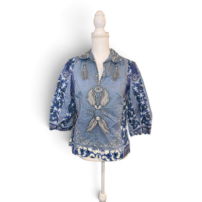 Etro Blue and White Paisley Cotton Tunic Top, Size 42/ US 6