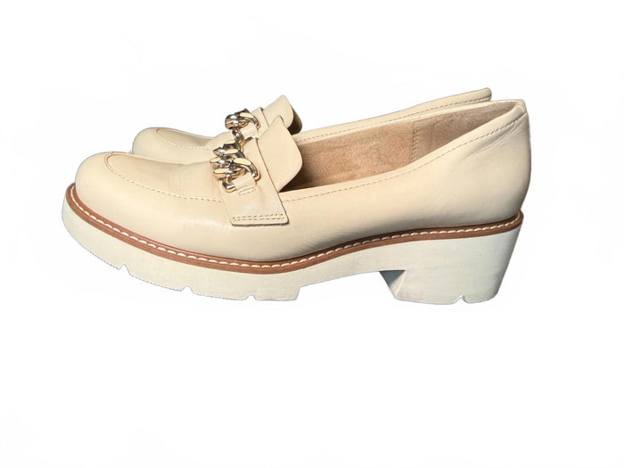 Naturalizer Beige Leather Loafers with Block Heel and Chain Detail, Size 8