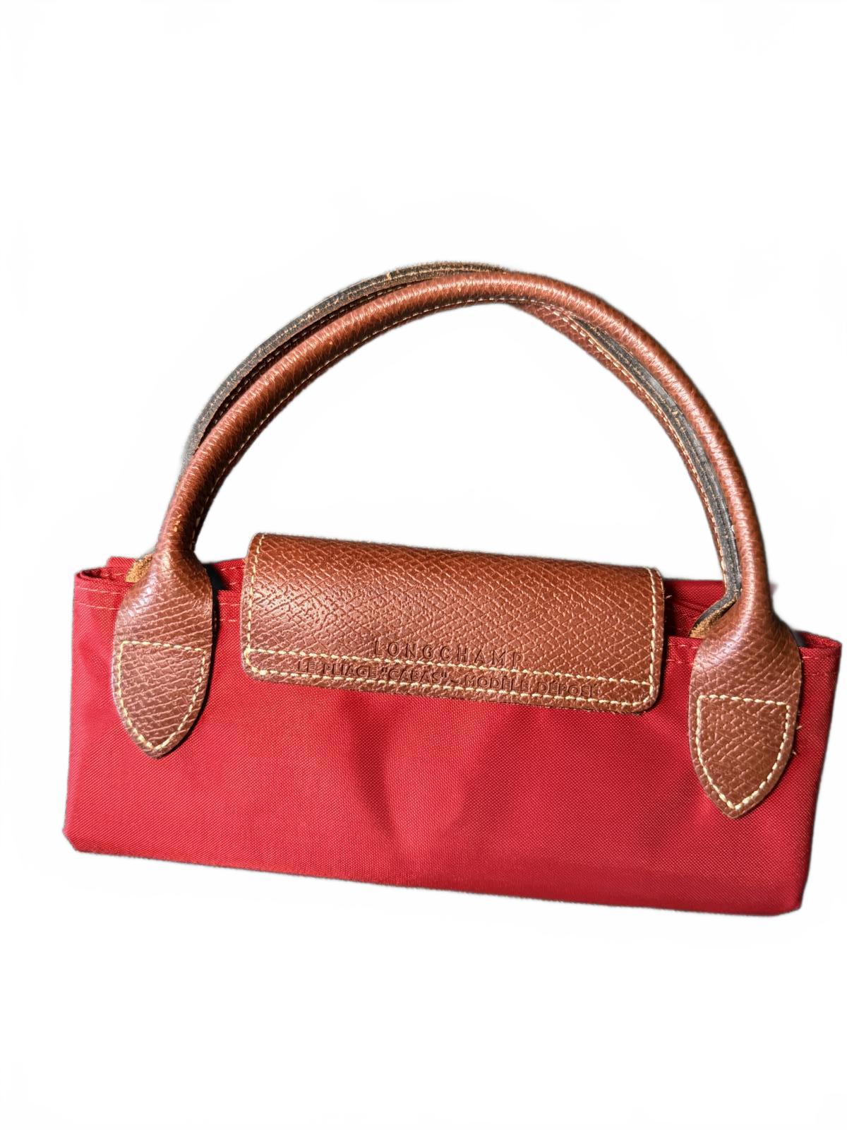 Longchamp Le Pliage Red Nylon and Brown Leather Handbag