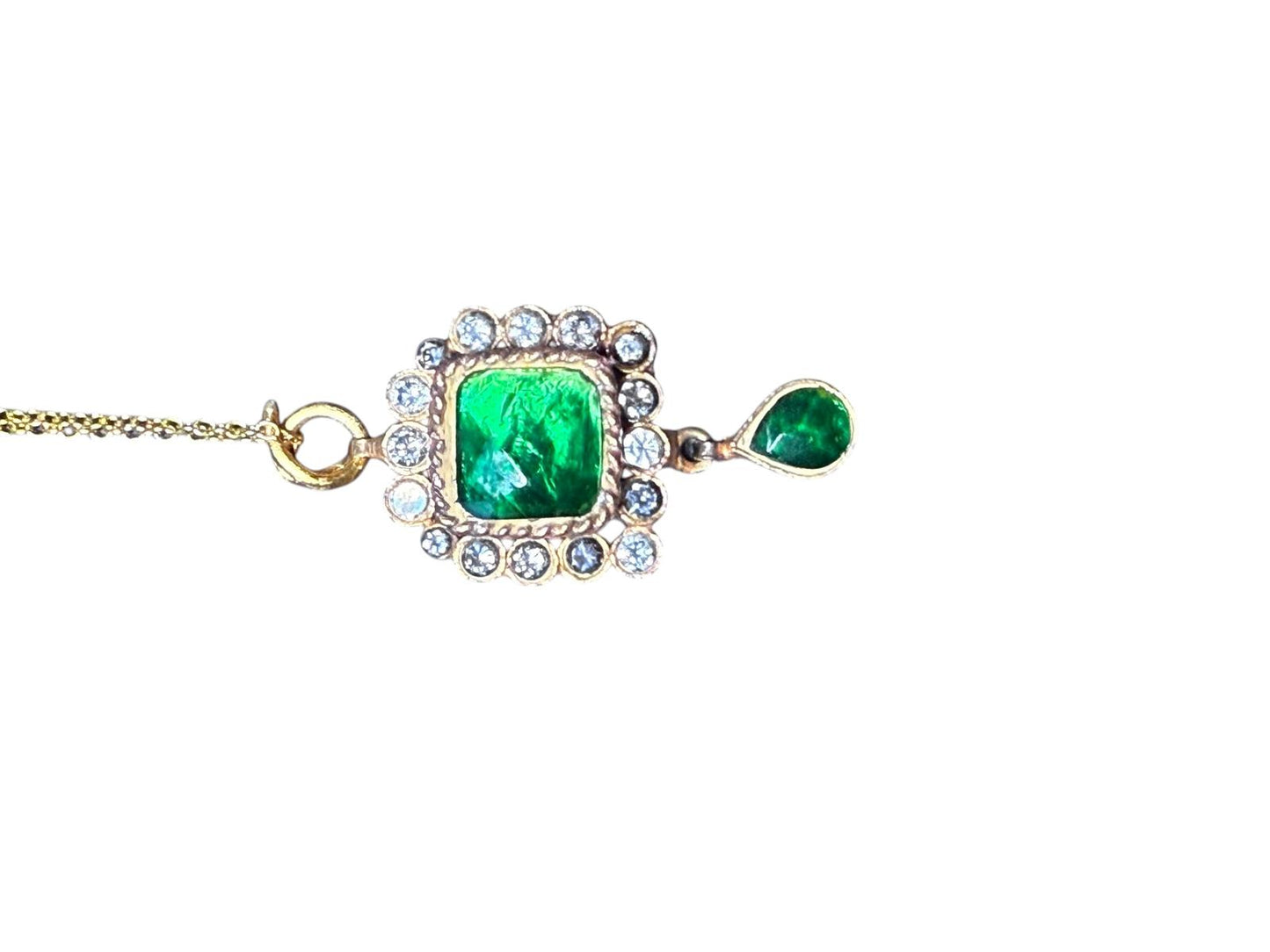 Vintage Gold Tone Necklace with Green Gemstone and Clear Crystal Accents