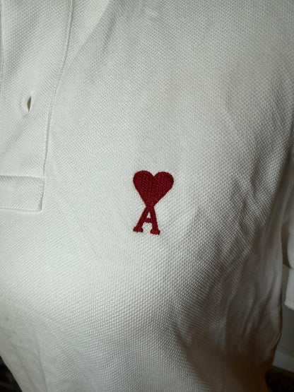 AMI Paris White Polo Shirt with Red 'A' Heart Logo