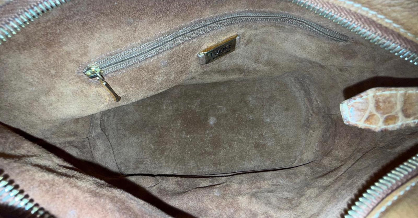 Loewe Tan Leather Handbag Bag with Crocodile Texture Accent