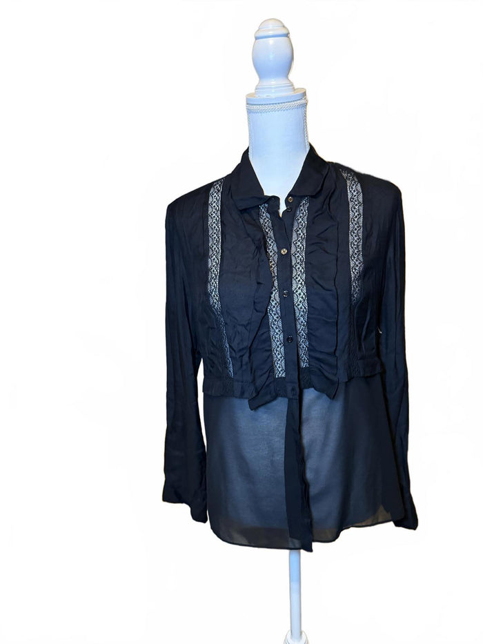Sandro Black Sheer Long Sleeve Women's Blouse with Embroidered Detail, Large
