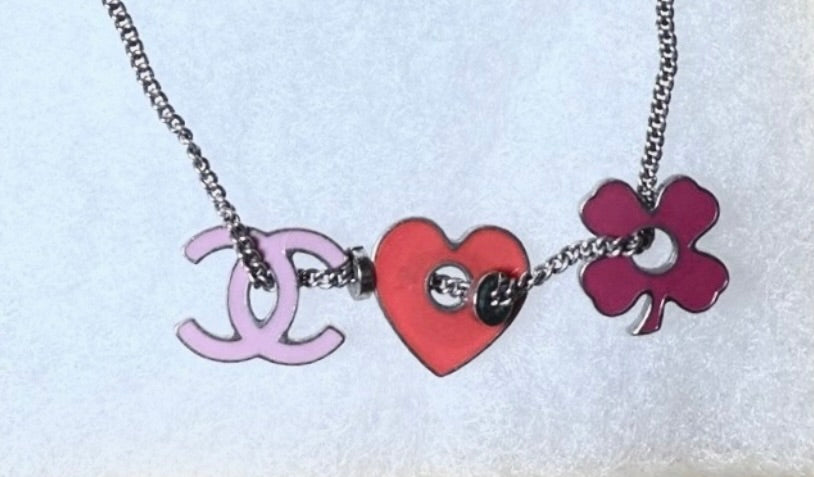 Chanel Vintage Charm Bracelet – Sterling Silver with Pink CC, Red Heart & Clover Charms