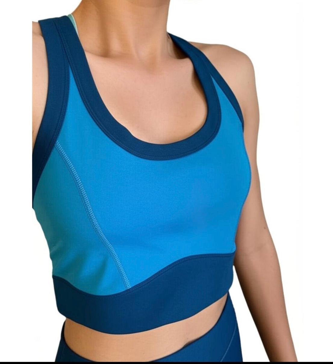 New Spiritual Gangster Sports Bra, Size L – Two-Tone Teal Aurora Racerback w/ Gold Hamsa Logo