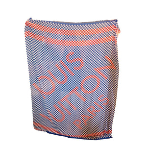 Louis Vuitton Paris Blue Red White Checkered Cotton Silk Scarf With Fringe Trim