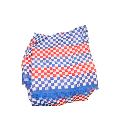 Louis Vuitton Paris Blue Red White Checkered Cotton Silk Scarf With Fringe Trim