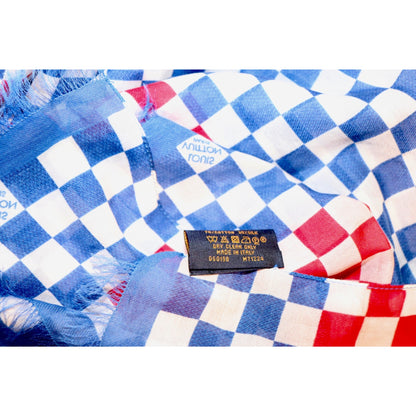 Louis Vuitton Paris Blue Red White Checkered Cotton Silk Scarf With Fringe Trim