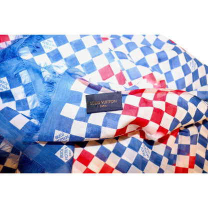 Louis Vuitton Paris Blue Red White Checkered Cotton Silk Scarf With Fringe Trim