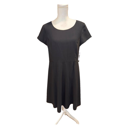 Front of the black Pendleton fit-and-flare dress with scoop neck, short sleeves and pleated skirt.
