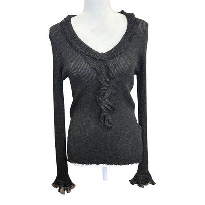 Etro Black Metallic Ruffle Knit Sweater Size 42/US 6 NWT