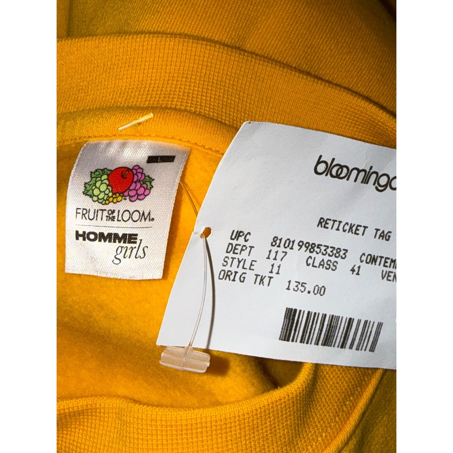 Homme girl Fruit Of The Loom Yellow Oversized Sweatshirt L 100% Cotton