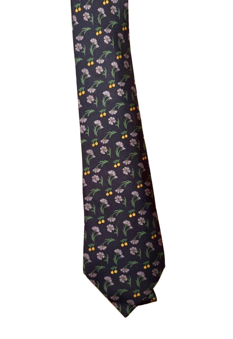 Hermes Mens Silk Tie Dark Blue Floral Fruit Pattern