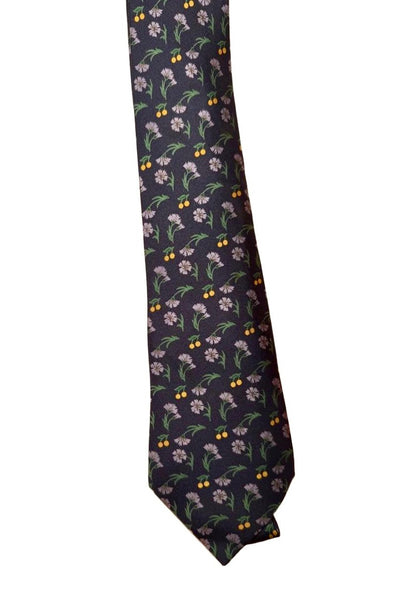 Hermes Mens Silk Tie Dark Blue Floral Fruit Pattern