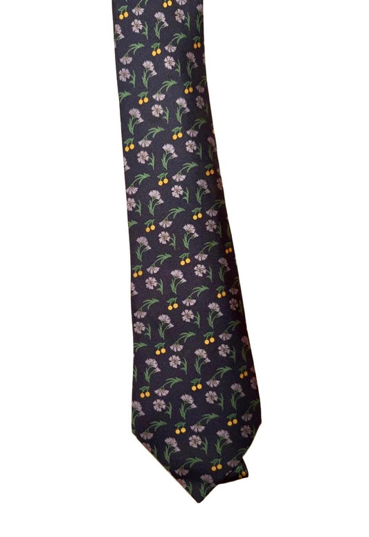 Hermes Mens Silk Tie Dark Blue Floral Fruit Pattern