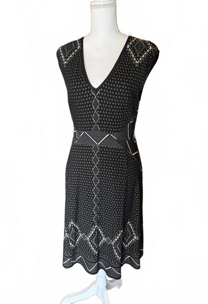 Tracy Reese Black and White Patterned Women's Midi Dress, Large
