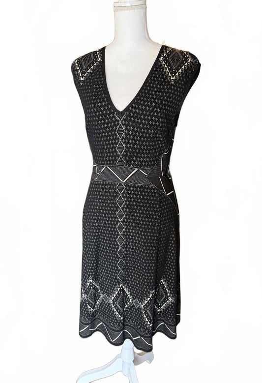 Tracy Reese Black and White Patterned Women's Midi Dress, Large