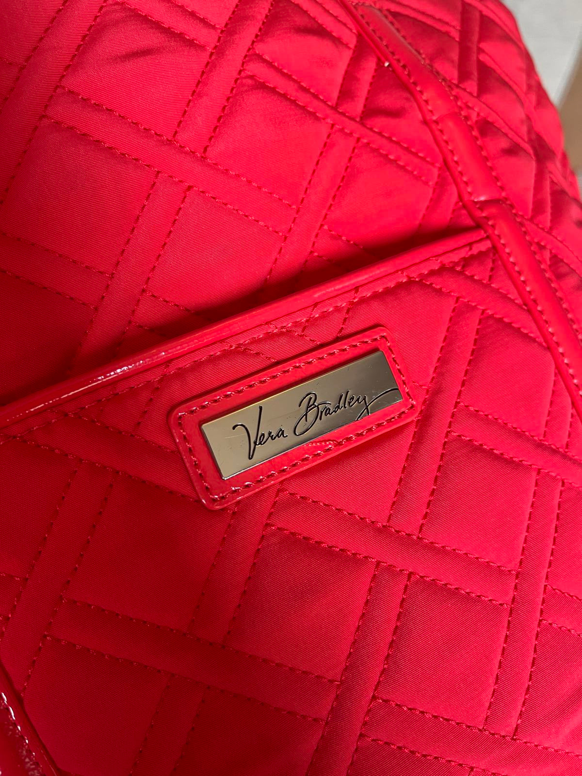 Vera Bradley Red Quilted Tote Handbag with Patent Leather Straps