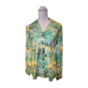 Vintage Green and Yellow Patterned Long Sleeve Blouse, Small