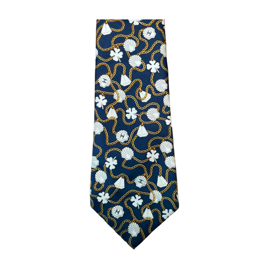 Chanel Paris Navy Silk Seashell & Chain Print Tie