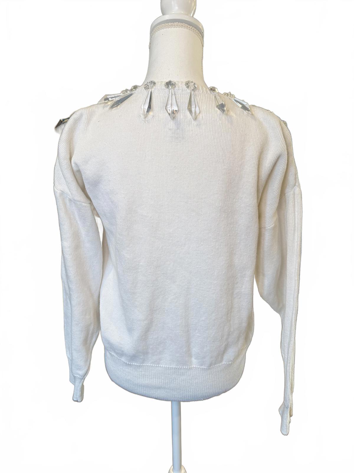Bonnie Boerer Vintage White Knit V Neck Sweater w/ Crystal Ornaments, Small