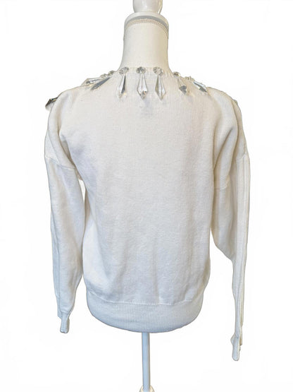 Bonnie Boerer Vintage White Knit V Neck Sweater w/ Crystal Ornaments, Small