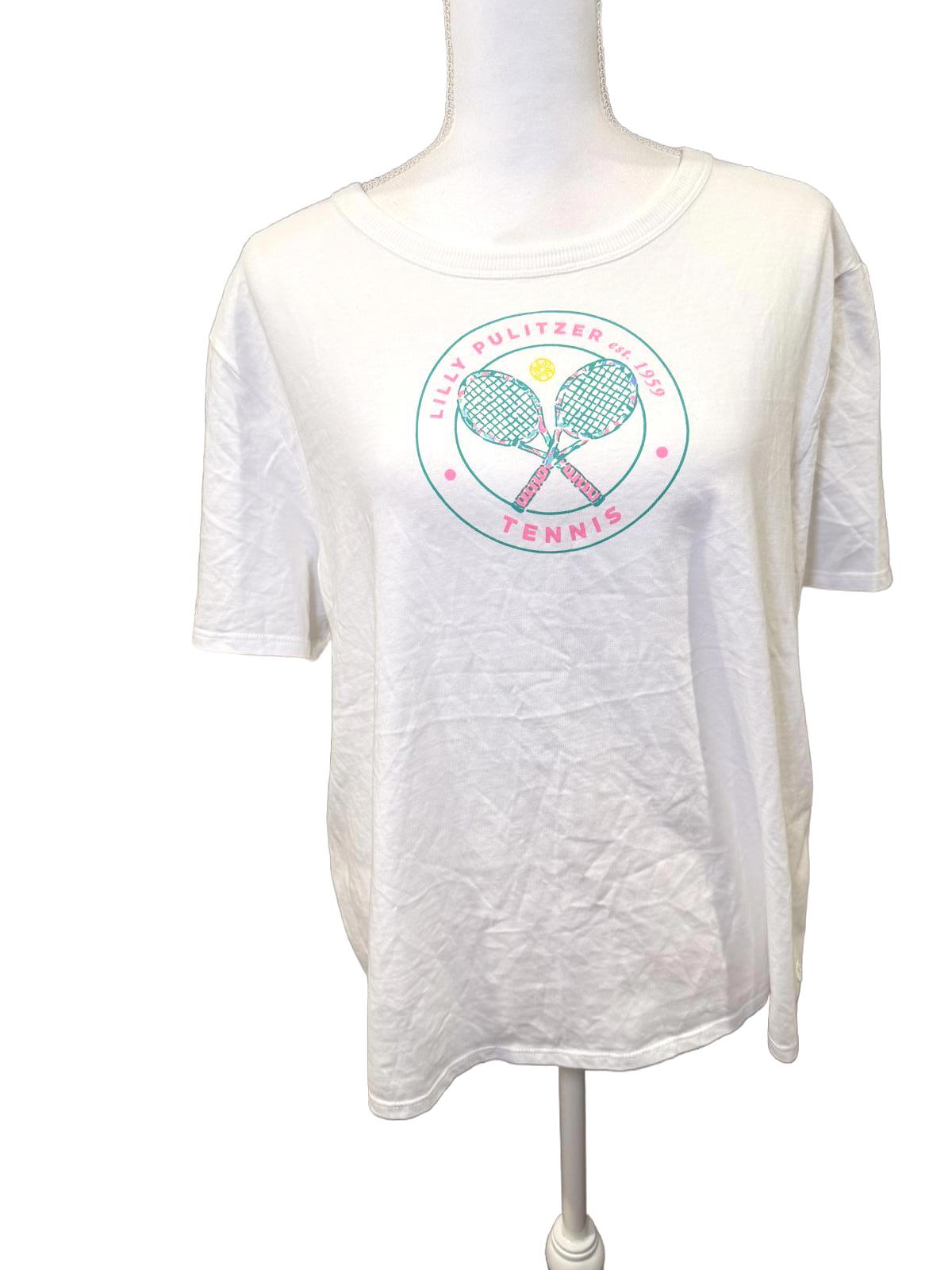 Lilly Pulitzer White Tennis Graphic Short Sleeve T-Shirt, Large NWOT