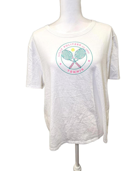 Lilly Pulitzer White Tennis Graphic Short Sleeve T-Shirt, Large NWOT