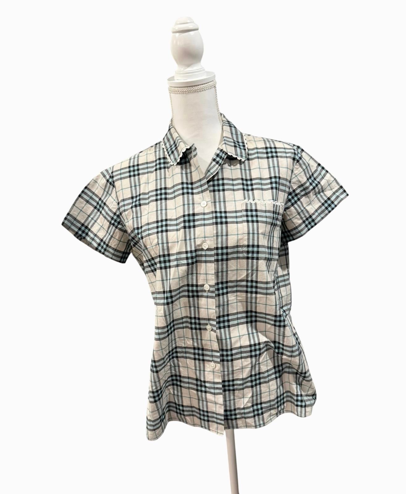 Women's Burberry Check Short-Sleeve Button-Up Shirt, size 8