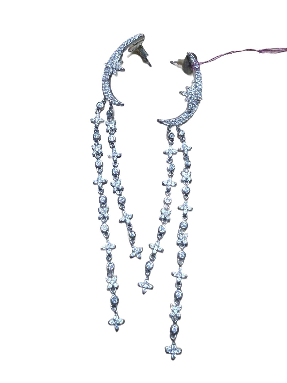 Silver Tone Crescent Moon and Cross Dangle Earrings