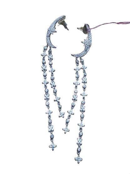 Silver Tone Crescent Moon and Cross Dangle Earrings
