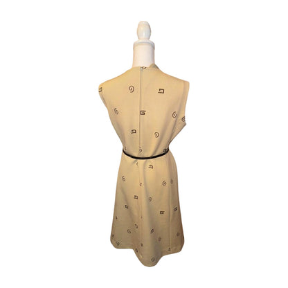 Vintage Sleeveless Tan Dress with Black Belt and Geometric Pattern, Large